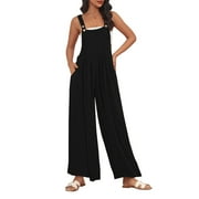 Fantaslook Wide Leg Jumpsuits for Women Casual Overalls Summer Rompers Jumpers Loose Sleeveless Straps Outfits With Pockets