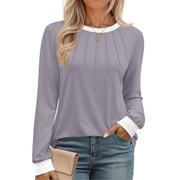 Fantaslook Women Blouses Color Block Long Sleeve Shirts Pleated Fall Tops Fashion Dressy Blouses