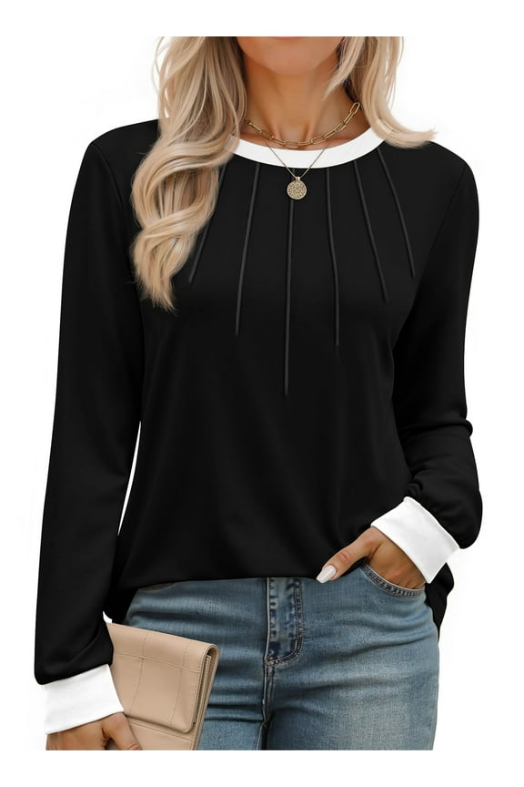 Women Blouses Color Block Long Sleeve Shirts Pleated Fall Tops Fashion Dressy Blouses