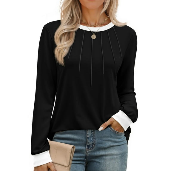 Fantaslook Women Blouses Color Block Long Sleeve Shirts Pleated Fall Tops Fashion Dressy Blouses