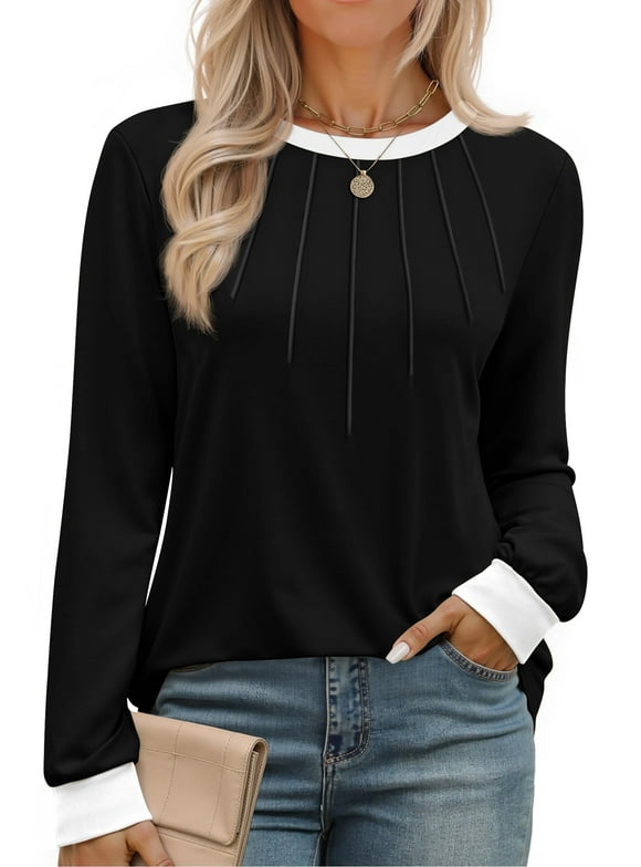 Women Blouses Color Block Long Sleeve Shirts Pleated Fall Tops Fashion Dressy Blouses