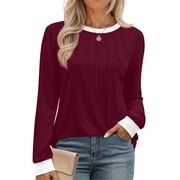 Fantaslook Women Blouses Color Block Long Sleeve Shirts Pleated Fall Tops Fashion Dressy Blouses
