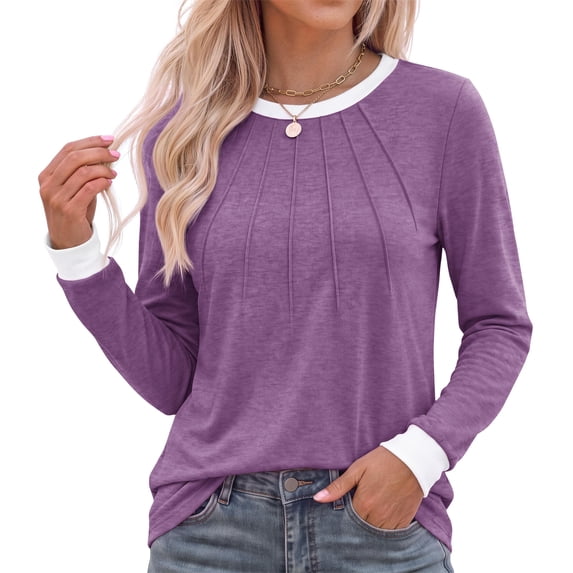 Fantaslook Women Blouses Color Block Long Sleeve Shirts Pleated Fall Tops Fashion Dressy Blouses