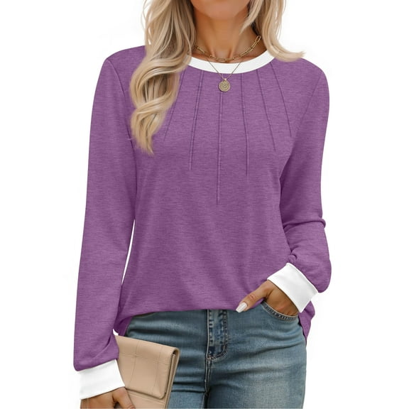 Fantaslook Women Blouses Color Block Long Sleeve Shirts Pleated Fall Tops Fashion Dressy Blouses