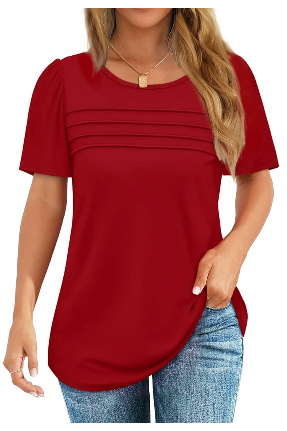 Women Blouses Dressy Casual Summer Short Sleeve Shirts Crew Neck Pleated Tunic Tops