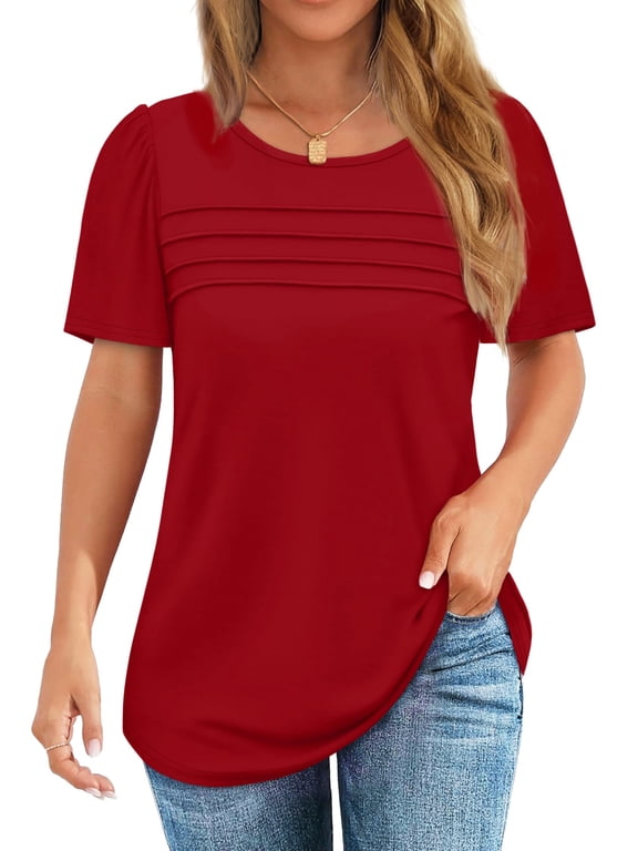 Women Blouses Dressy Casual Summer Short Sleeve Shirts Crew Neck Pleated Tunic Tops