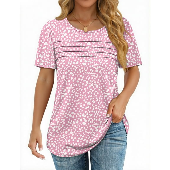 Fantaslook Women Blouses Dressy Casual Summer Short Sleeve Shirts Crew Neck Pleated Tunic Tops