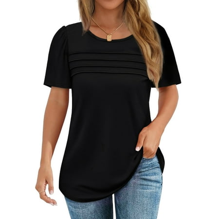 Fantaslook Women Blouses Dressy Casual Summer Short Sleeve Shirts Crew Neck Pleated Tunic Tops