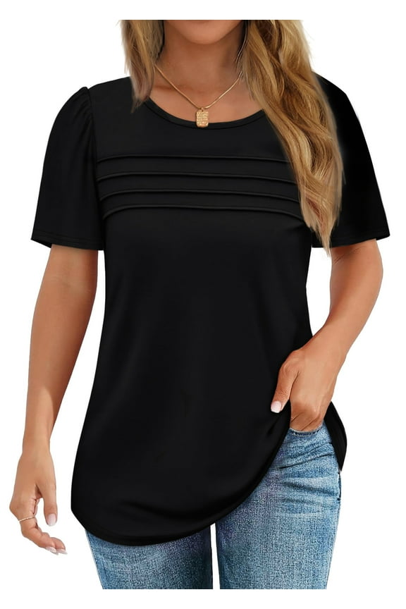 Women Blouses Dressy Casual Summer Short Sleeve Shirts Crew Neck Pleated Tunic Tops