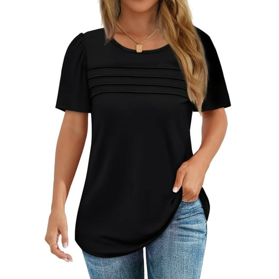 Fantaslook Women Blouses Dressy Casual Summer Short Sleeve Shirts Crew Neck Pleated Tunic Tops
