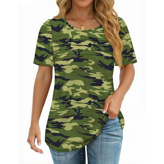 Fantaslook Women Blouses Dressy Casual Summer Short Sleeve Shirts Crew Neck Pleated Tunic Tops