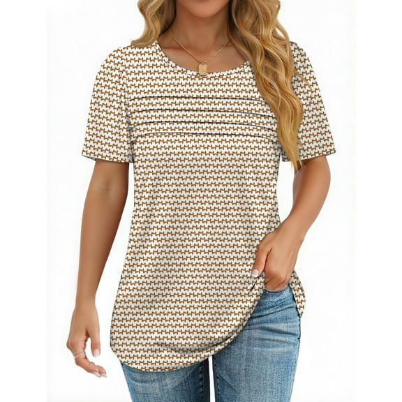 Fantaslook Women Blouses Dressy Casual Summer Short Sleeve Shirts Crew Neck Pleated Tunic Tops