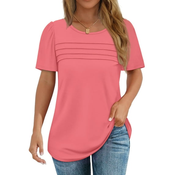 Fantaslook Women Blouses Dressy Casual Summer Short Sleeve Shirts Crew Neck Pleated Tunic Tops