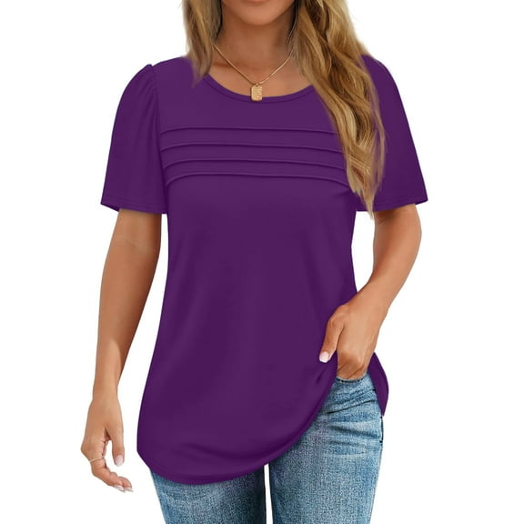 Fantaslook Women Blouses Dressy Casual Summer Short Sleeve Shirts Crew Neck Pleated Tunic Tops