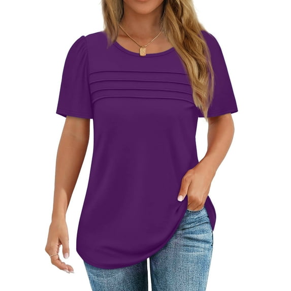 Fantaslook Women Blouses Dressy Casual Summer Short Sleeve Shirts Crew Neck Pleated Tunic Tops
