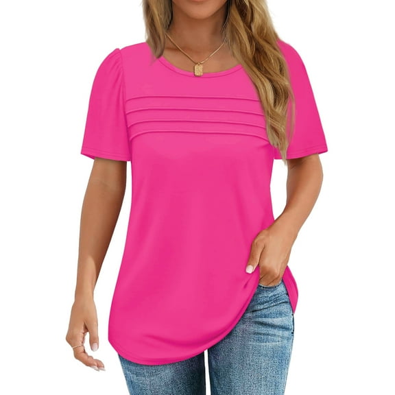 Fantaslook Women Blouses Dressy Casual Summer Short Sleeve Shirts Crew Neck Pleated Tunic Tops