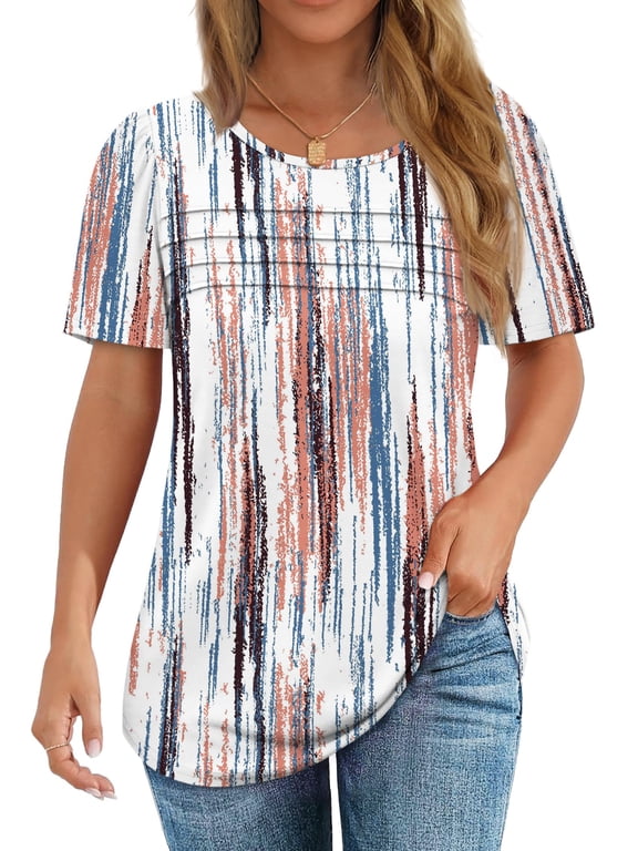 Women Blouses Dressy Casual Summer Short Sleeve Shirts Crew Neck Pleated Tunic Tops