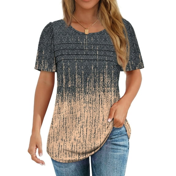 Fantaslook Women Blouses Dressy Casual Summer Short Sleeve Shirts Crew Neck Pleated Tunic Tops