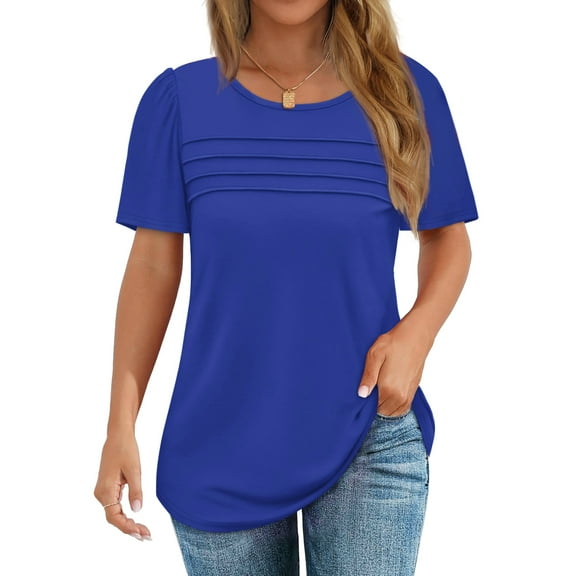 Fantaslook Women Blouses Dressy Casual Summer Short Sleeve Shirts Crew Neck Pleated Tunic Tops
