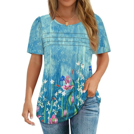 Fantaslook Women Blouses Dressy Casual Summer Short Sleeve Shirts Crew Neck Pleated Tunic Tops