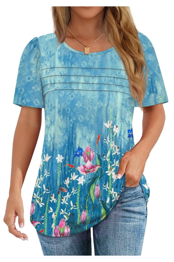 Women Blouses Dressy Casual Summer Short Sleeve Shirts Crew Neck Pleated Tunic Tops