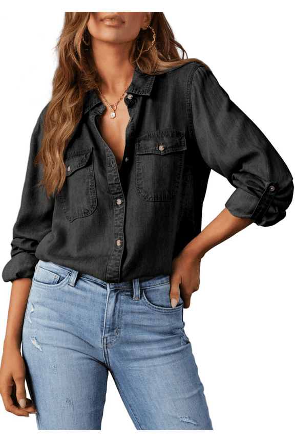 Women Button Down Denim Shirts Collared Casual Long Sleeve Blouses Tops with Pockets