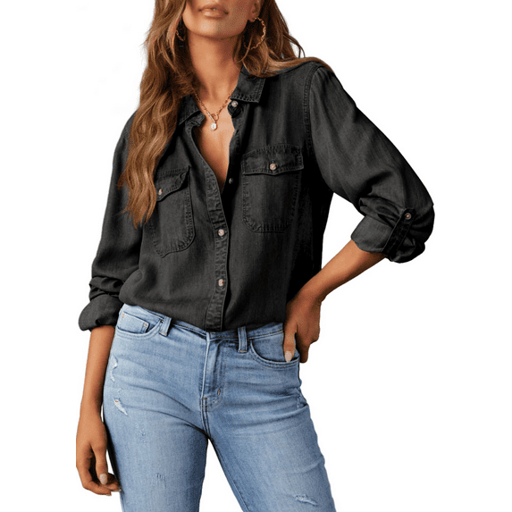 Fantaslook Women Button Down Denim Shirts Collared Casual Long Sleeve Blouses Tops with Pockets