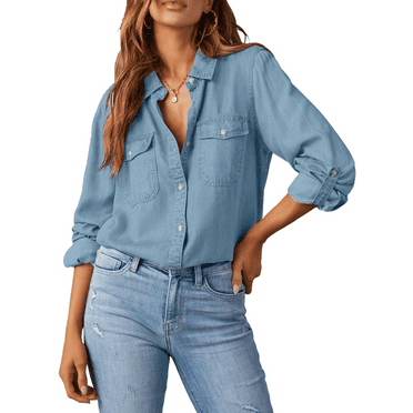 Fantaslook Women Button Down Denim Shirts Collared Casual Long Sleeve Blouses Tops with Pockets