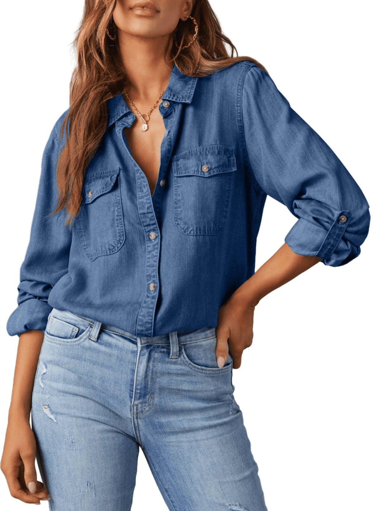 Pocketed Button Up Long Sleeve Denim Top
