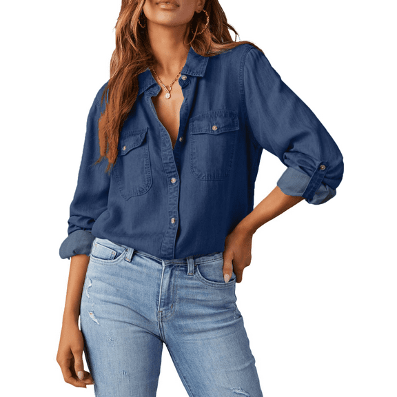 Fantaslook Women Button Down Denim Shirts Collared Casual Long Sleeve Blouses Tops with Pockets