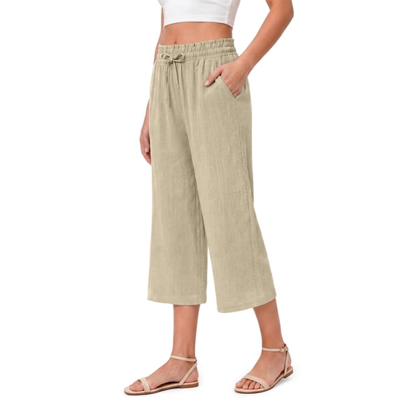 Fantaslook Women Capri Pants Wide Leg High Waisted Drawstring Capris Summer Casual Linen Cropped Pants with Pockets