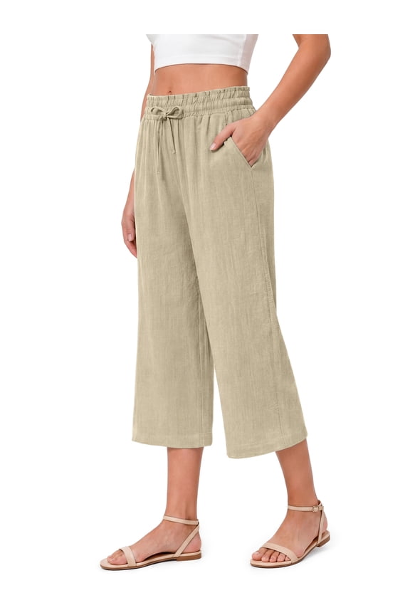 Women Capri Pants Wide Leg High Waisted Drawstring Capris Summer Casual Linen Cropped Pants with Pockets