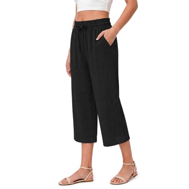 Fantaslook Women Capri Pants Wide Leg High Waisted Drawstring Capris Summer Casual Linen Cropped Pants with Pockets