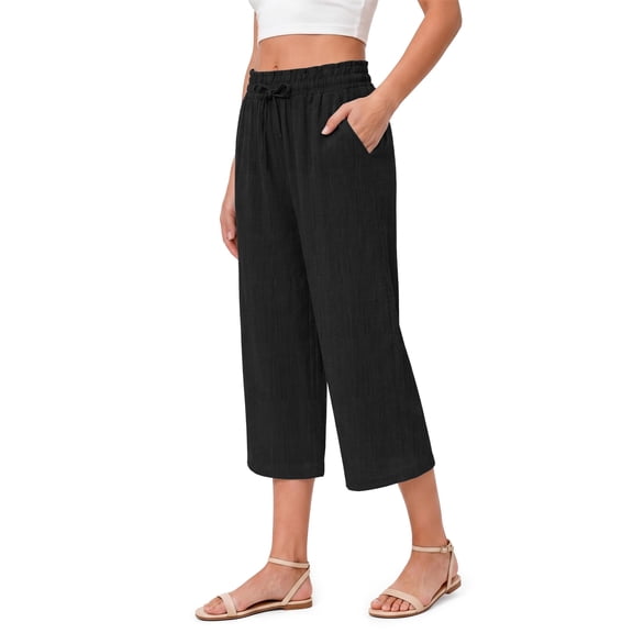 Fantaslook Women Capri Pants Wide Leg High Waisted Drawstring Capris Summer Casual Linen Cropped Pants with Pockets