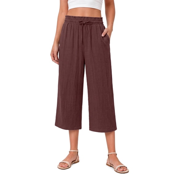 Fantaslook Women Capri Pants Wide Leg High Waisted Drawstring Capris Summer Casual Linen Cropped Pants with Pockets