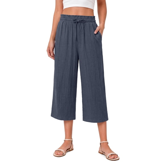 Fantaslook Women Capri Pants Wide Leg High Waisted Drawstring Capris Summer Casual Linen Cropped Pants with Pockets