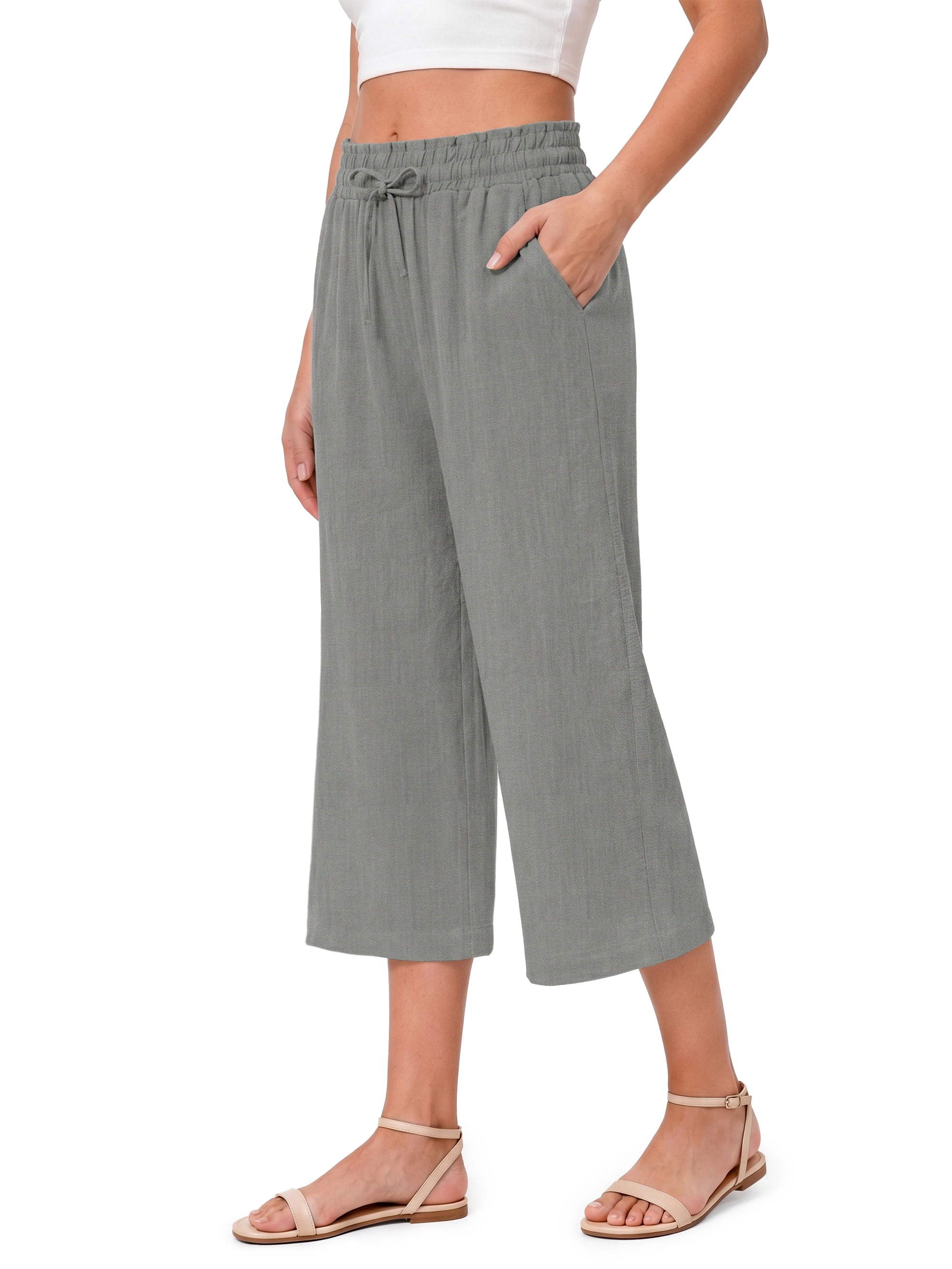 Women Capri Pants Wide Leg High Waisted Drawstring Capris Summer Casual Linen Cropped Pants with Pockets