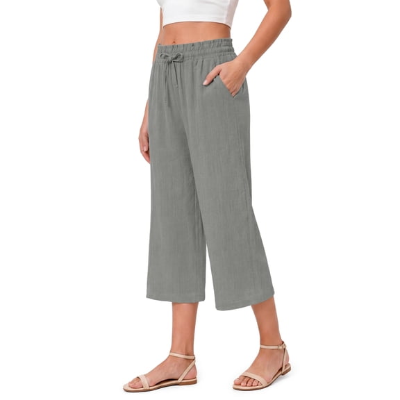 Fantaslook Women Capri Pants Wide Leg High Waisted Drawstring Capris Summer Casual Linen Cropped Pants with Pockets