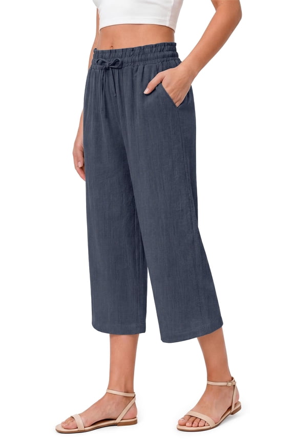 Women Capri Pants Wide Leg High Waisted Drawstring Capris Summer Casual Linen Cropped Pants with Pockets
