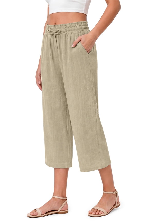 Women Capri Pants Wide Leg High Waisted Drawstring Capris Summer Casual Linen Cropped Pants with Pockets