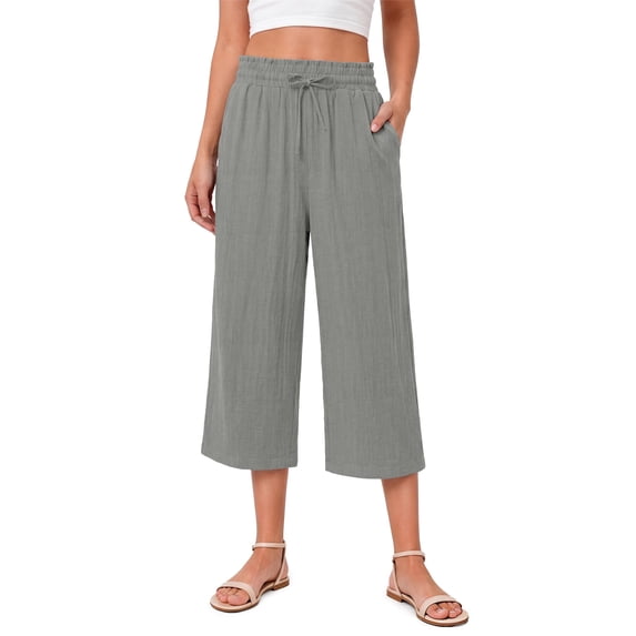 Fantaslook Women Capri Pants Wide Leg High Waisted Drawstring Capris Summer Casual Linen Cropped Pants with Pockets