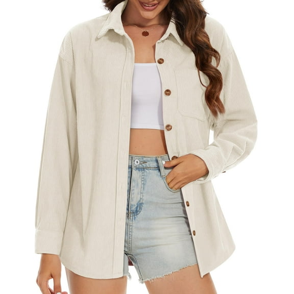 Fantaslook Women Corduroy Shirts Shacket Jacket Casual Long Sleeve Button Down Blouses Tops