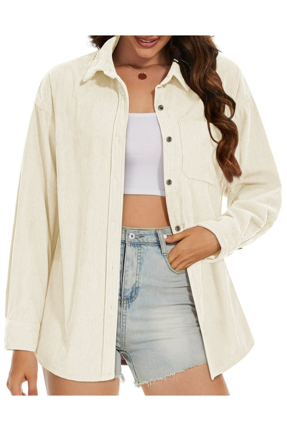 Women Corduroy Shirts Shacket Jacket Casual Long Sleeve Button Down Blouses Tops