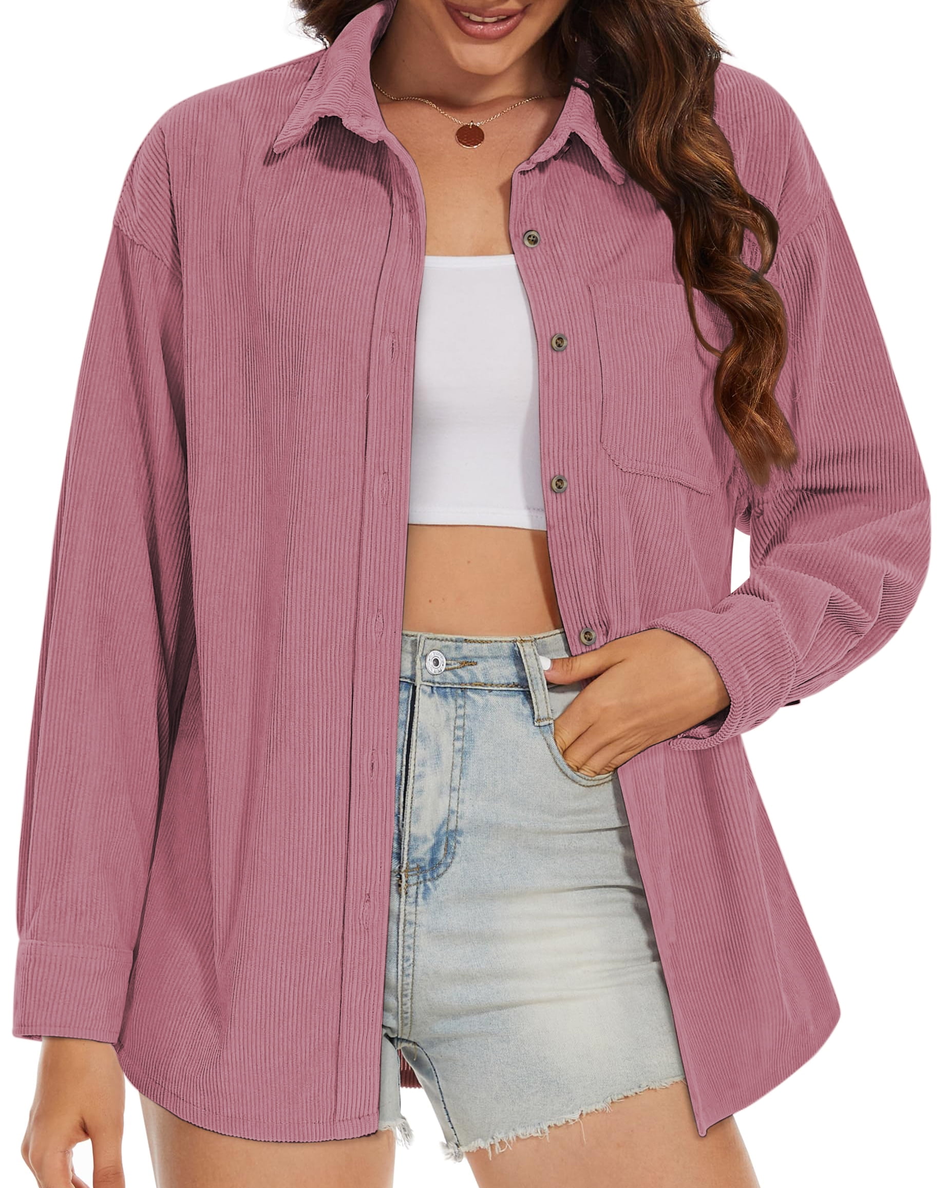 Fantaslook Women Corduroy Shacket Jacket Long Sleeve Button Down Casual