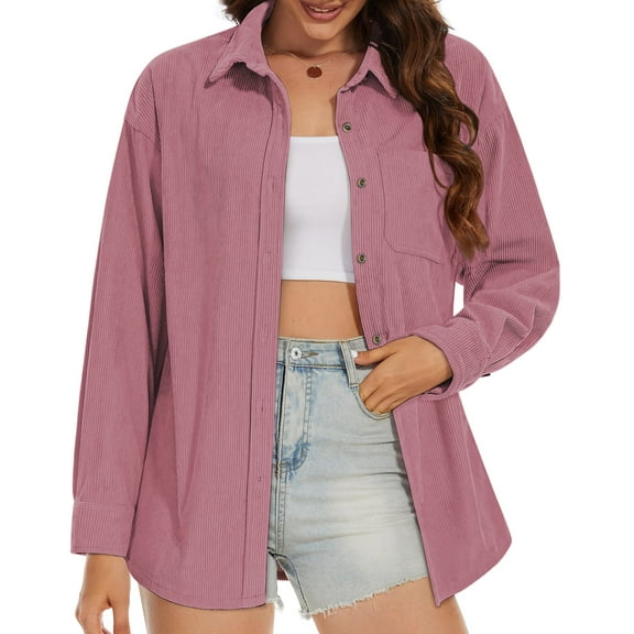 Fantaslook Women Corduroy Shirts Shacket Jacket Casual Long Sleeve Button Down Blouses Tops