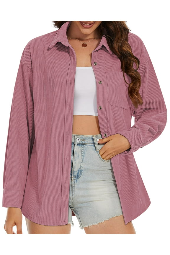 Women Corduroy Shirts Shacket Jacket Casual Long Sleeve Button Down Blouses Tops