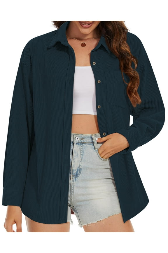 Women Corduroy Shirts Shacket Jacket Casual Long Sleeve Button Down Blouses Tops