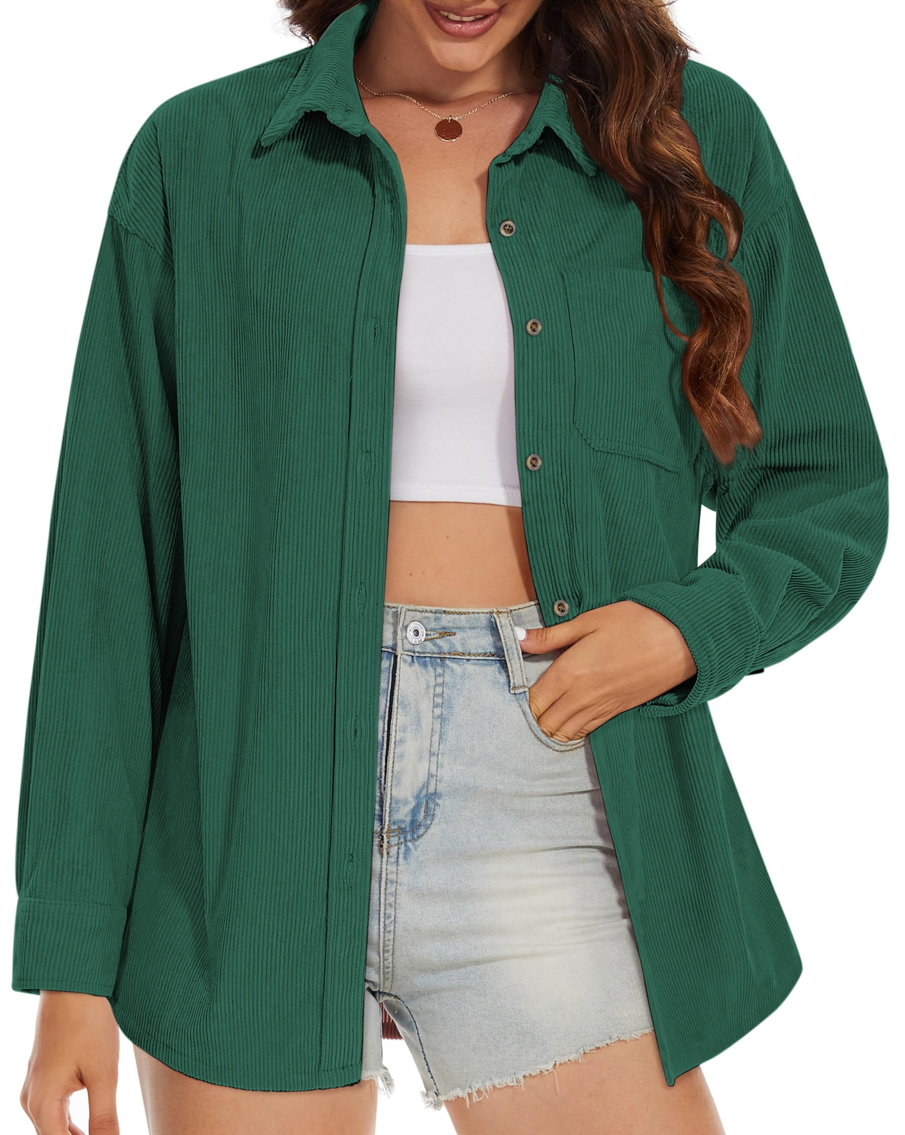 Women's  Corduroy Button Up Long Sleeve Turn Down Collar Shacket