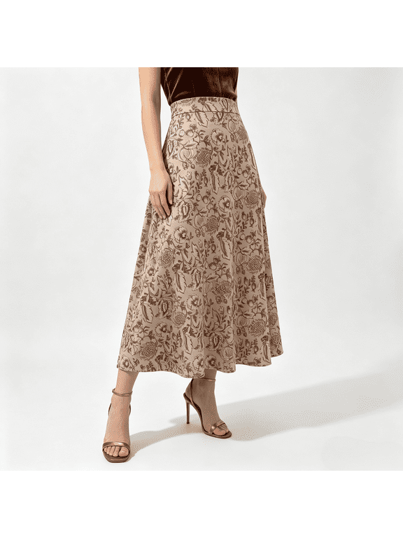 Fantaslook Women Khaki Botanical Print Midi Skirt, High Waist A-Line Swing Woven Skirt, Non-Stretch Smooth Glossy Casual Vacation Skirt with Invisible Side Zipper, All Season Elegant Daily Wear