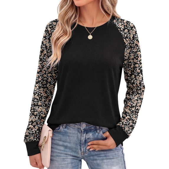 Fantaslook Women Long Sleeve Shirts Color Block Casual Tops Crewneck Fashion Fall Clothes